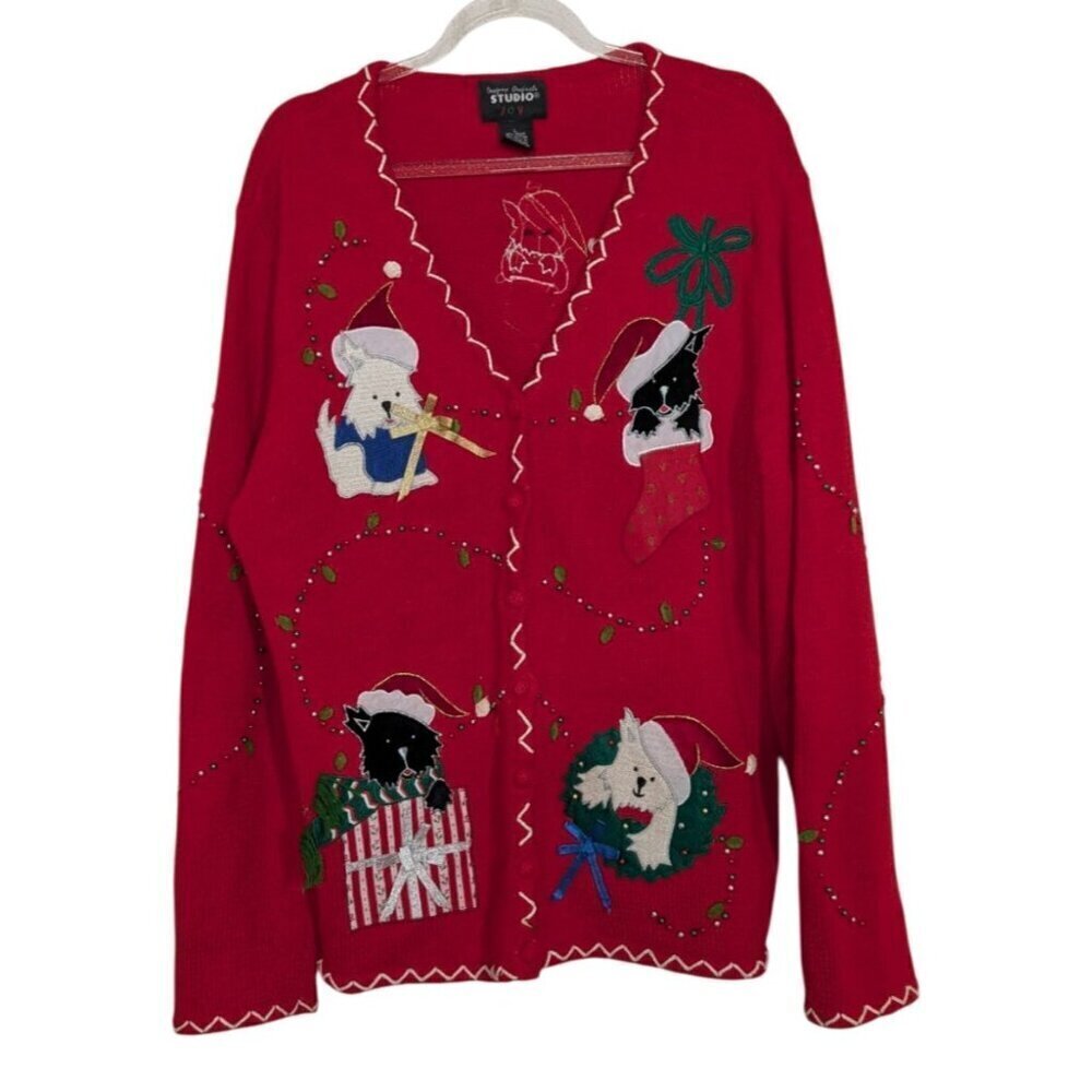 Studio Joy Dog Christmas Cardigan Womens Size Large Red Beaded Sweater